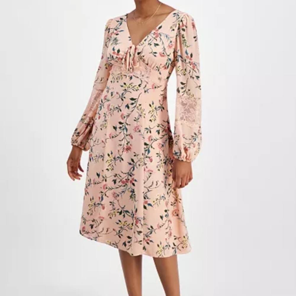 Tinsel V Neck Lace Trim Floral Midi Dress Juniors XL Salmone Pink Coquette Fairy